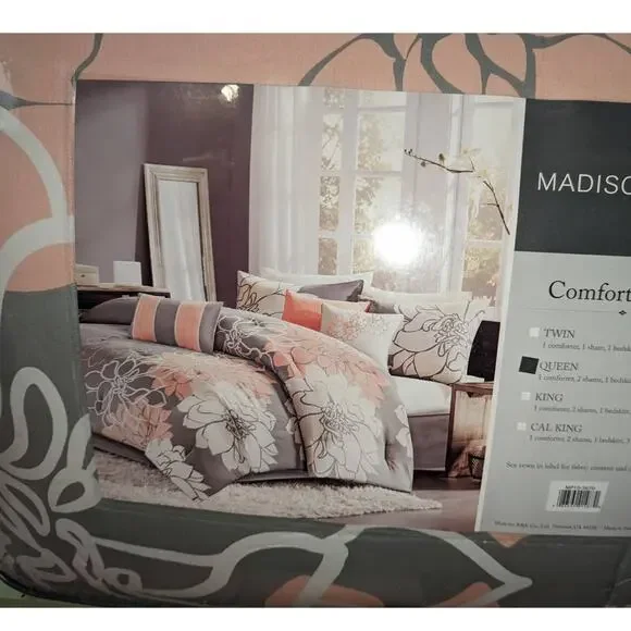 Madison Park Lola Queen Comforter shams skirt pillows Set Grey/Pink/WhiteNEW